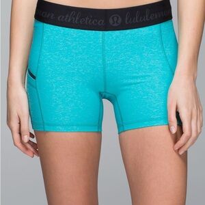Lululemon 6 What The Sport Short
Heathered Blue Tropics 4” pockets running bike